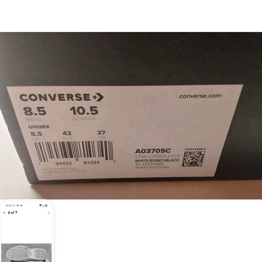 Converse Leather All Star Lugged 2.0 Size: M8.5 / W10.5 A03705C White NIB.... - Picture 7 of 7